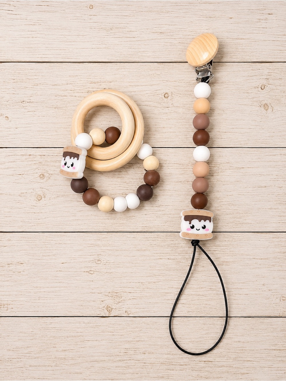 Wooden Camping S’moresTeether & Pacifier Clip Set - Neutral Brown and Cream